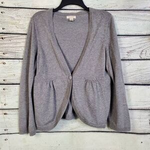 Christopher & Banks Gray Button Front Cardigan Sweater Size L Cotton Blend Pleat